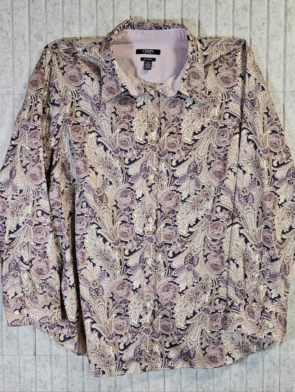 Chaps Paisley Button Down Shirt Women’s 1X No Iron Long Sleeve Purple Tan